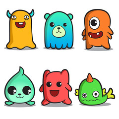 Doodle Monster Character Set Perfect for Game Avatar, with different eyes, wings, horns. Cheerful happy face emotions. Children hand drawn vector illustration for baby