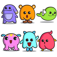 Doodle Monster Character Set Perfect for Game Avatar, with different eyes, wings, horns. Cheerful happy face emotions. Children hand drawn vector illustration for baby