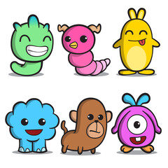 Doodle Monster Character Set Perfect for Game Avatar, with different eyes, wings, horns. Cheerful happy face emotions. Children hand drawn vector illustration for baby