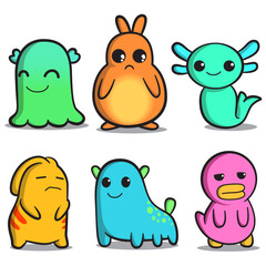 Doodle Monster Character Set Perfect for Game Avatar, with different eyes, wings, horns. Cheerful happy face emotions. Children hand drawn vector illustration for baby