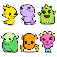 Doodle Monster Character Set Perfect for Game Avatar, with different eyes, wings, horns. Cheerful happy face emotions. Children hand drawn vector illustration for baby