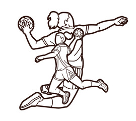 Fototapeta na wymiar Group of Handball Players Female Mix Action Cartoon Sport Team Graphic Vector