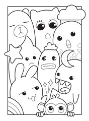 Illustration Graphic Vector of Cute Monster Doodle Cartoon Character Black and White LIne with Any Expression Perfect For Children Coloring Book, Digital or Manual Painting and Tshirt Digital Printing