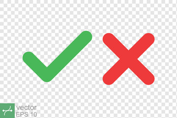 Checkmark cross icon. Simple flat style. Red x, green tick, check mark, right and wrong concept. Vector illustration isolated on transparent background. EPS 10.