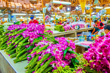 Bouquets of ochids in Pak Khlong Talat Flower Market, Bangkok, Thailand