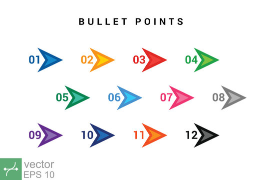 Direction Number Bullet Points From One To Twelve. Simple Flat Style. Number With Arrow For List And Tag Infographic. Vector Illustration Isolated On White Background. EPS 10.