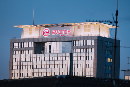 28 July 2022, Essen, Germany: Evonik chemical and medicine company headquarter building