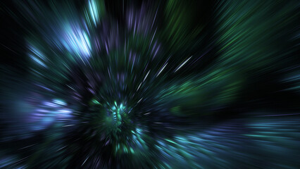 Abstract green and blue rays. Fantastic space background. Digital fractal art. 3d rendering.