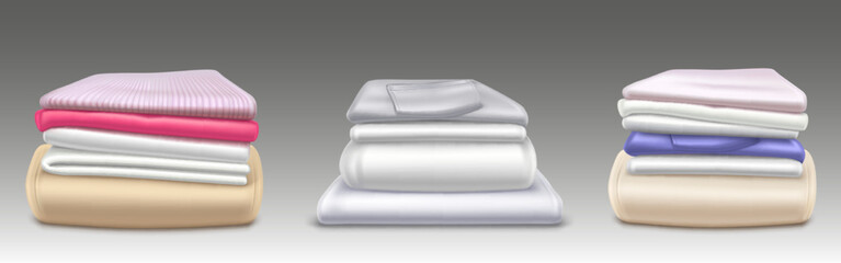 Clean clothes piles, folded shirts, dresses, sweaters and pants after laundry. Stacks of washed and ironed fabric, towels and apparel isolated on background, vector realistic illustration