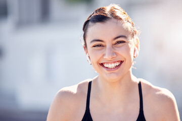 Earphones, face and sports woman in city streaming music, podcast or radio. Portrait, fitness and female from Australia outdoors listening to audio and getting ready for training, running or workout