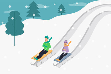 Winter holiday vector concept: Senior couple playing sledge together in the snowy hill while enjoying leisure time