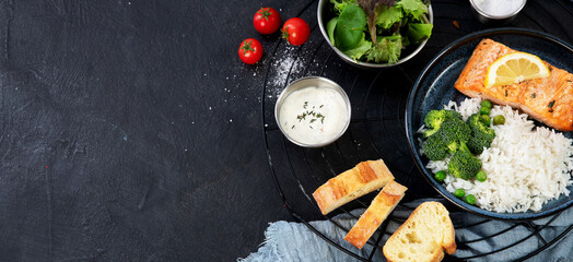 Table of various healthy food dishes. Healthy food assortment. Dieting concept.