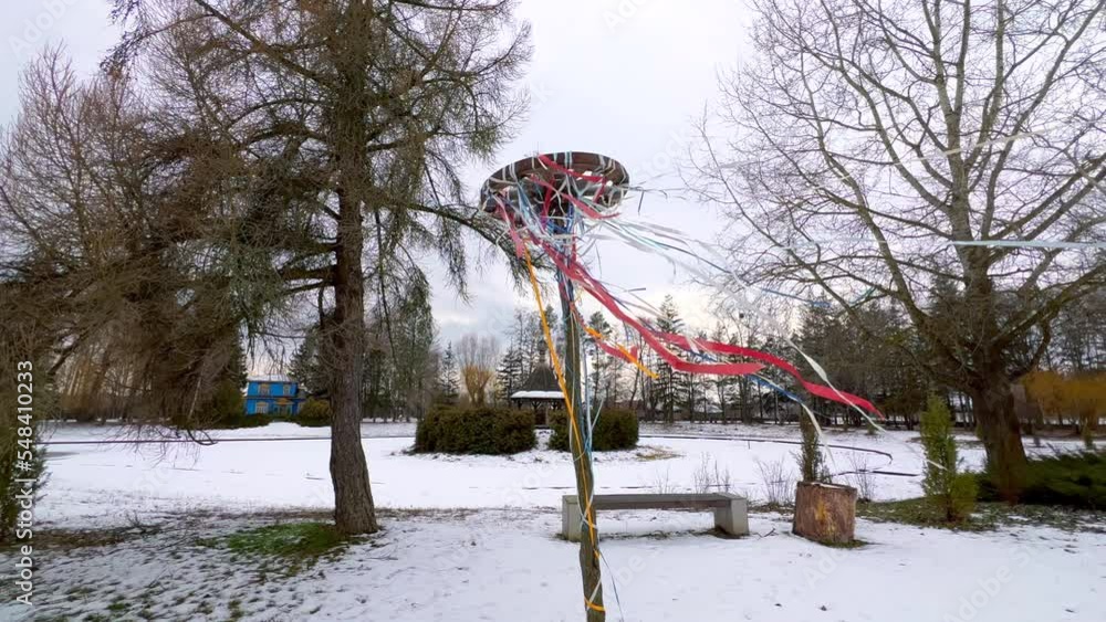 Canvas Prints Shrovetide pole with wheel-sun and colored ribbons, Pereiaslav Scansen, Ukraine