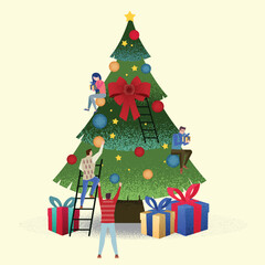 Christmas tree is decorated little people and receiving gifts, postcard design, flat design, vector particles, grain effect