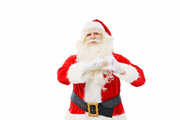 Santa Claus folded a heart from his hands on a white background Christmas.