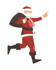 flat character, vector illustration. Running Santa Claus with gift bag