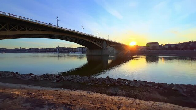 Panorama of Three-way Margaret Bridge at sunset, Budapest, Hungary