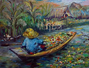 Fototapeta na wymiar painting Oil color Floating market Thailand