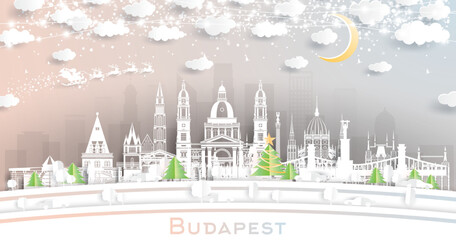 Budapest Hungary. Winter City Skyline in Paper Cut Style with Snowflakes, Moon and Neon Garland.