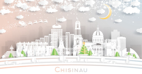 Chisinau Moldova. Winter City Skyline in Paper Cut Style with Snowflakes, Moon and Neon Garland.