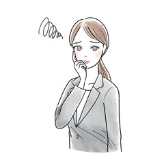 困り顔で顔に手を当てるスーツ姿の若い女性のイラスト