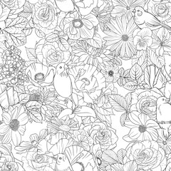 vector drawing natural background with birds and flowers, black and white seamless pattern, hand drawn illustration