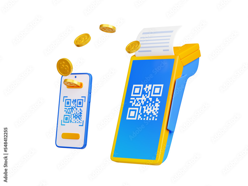Poster 3d render mobile phone with qr code transfer money on pos terminal with approved check bill. contact