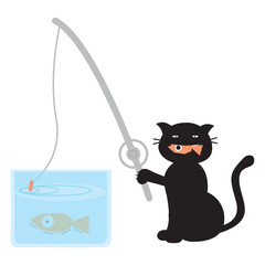 black cat fishing with a smile