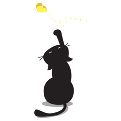 black cat trying to catch butterfly