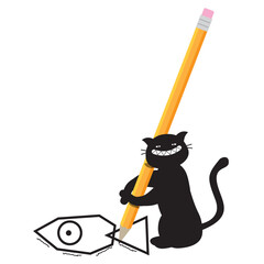 Smiling black cat is drawing a fish with a pencil