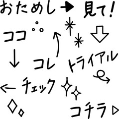 手書きのココやコチラなどの言葉と矢印｜黒