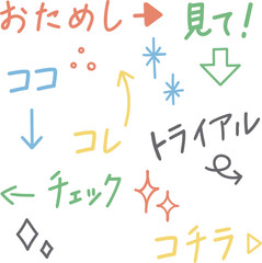 手書きのココやコチラなどの言葉と矢印｜かわいい色