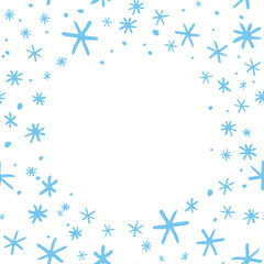 Fototapeta premium Winter vector frame of simple primitive blue snowflakes. Background, border, template for theme of Snowfall, christmas, new year