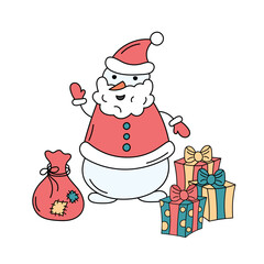 Snowman Santa Claus. Funny character with sack and gifts. Vector doodle colorful illustration of isolated cute Christmas snowman