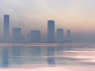 幻想的な都市と海