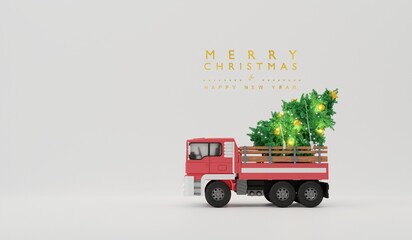 Red old christmas truck carrying a Christmas tree with merry christmas font.3D rendering - obrazy, fototapety, plakaty