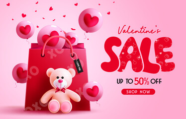 Valentine's day sale vector banner design. Valentine promo offer text with gift surprise elements and balloons for hearts day background. Vector Illustration.