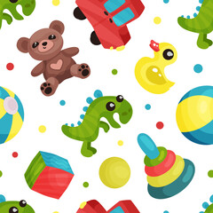 Kids toys seamless pattern. Children store, shop repeating print for wallpaper, wrapping paper, textile, package design cartoon vector
