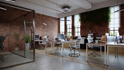 Neat office interior with brick and concrete floor, 3d rendering