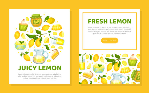 Fresh juicy lemon web banner and card templates set. Natural organic products landing page, promotional leaflet cartoon vector