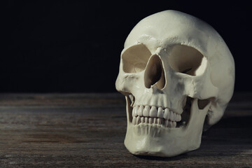 Human skull on wooden table against black background, space for text