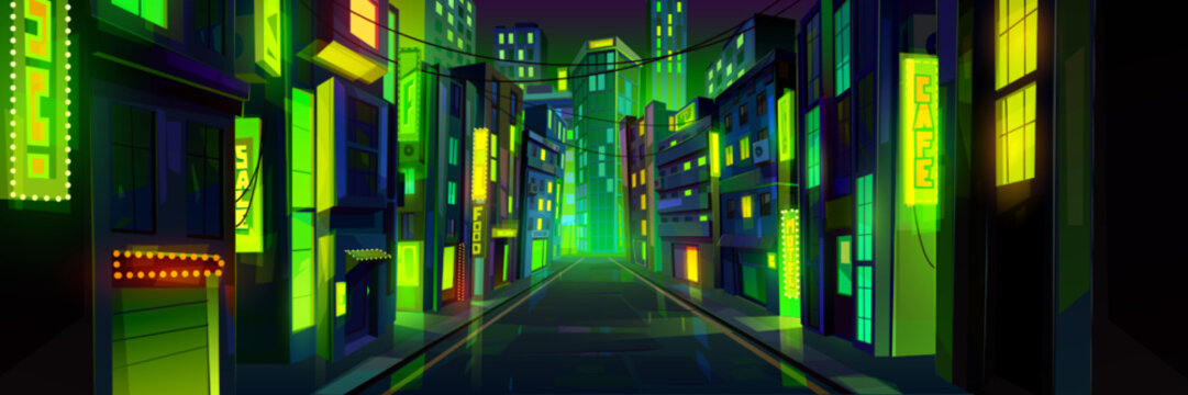 Night city street with road and green neon glowing illumination and signboards, glow buildings perspective view. Urban architecture, megalopolis infrastructure in darkness, Cartoon vector illustration