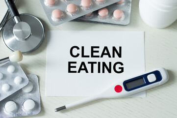 CLEAN EATING text on card, Clean Eating concept.