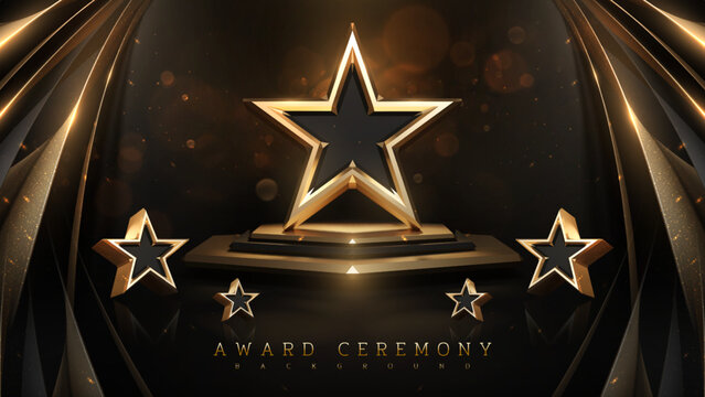 Award Ceremony Background With 3d Gold Star And Ribbon Element And Glitter Light Effect Decoration.