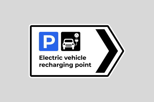 Electric vehicles (EV) charging station and charge parking signage in the United Kingdom UK. vector