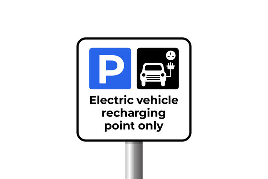 Electric Vehicle Recharging Point Sign on Post. EV charging station and charge parking signage. vector