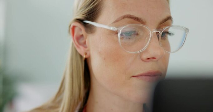 Computer, glasses and business woman research, data analysis and reading email communication for strategy, website or marketing. Advertising agency worker with vision thinking and working on a laptop