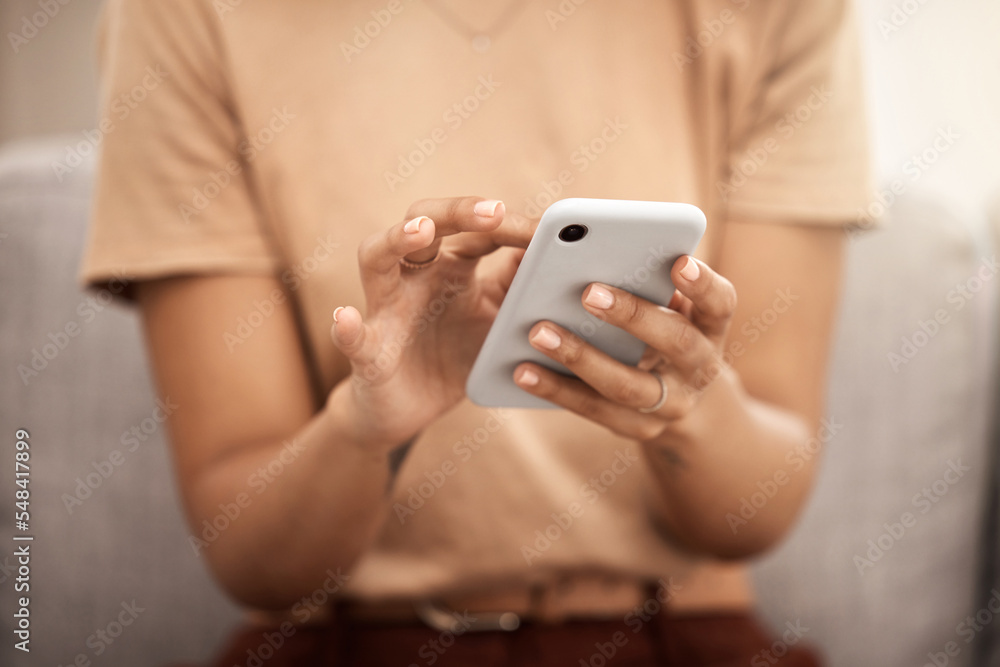 Aufkleber hands, phone and woman typing on sofa in home living room, texting or scrolling social media. tech, 