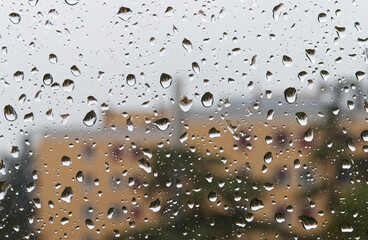Water Droplets condensed on transparent window. Water rain drops.