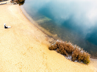 Beach, sand, water, lake, sea, winter, landscape, nature, aerial view, drone photo.